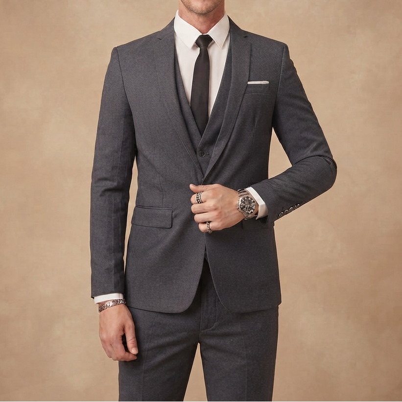 Fato completo de 3 peças slim fit: blazer, colete e calças. Ideal para cerimónias de casamento.