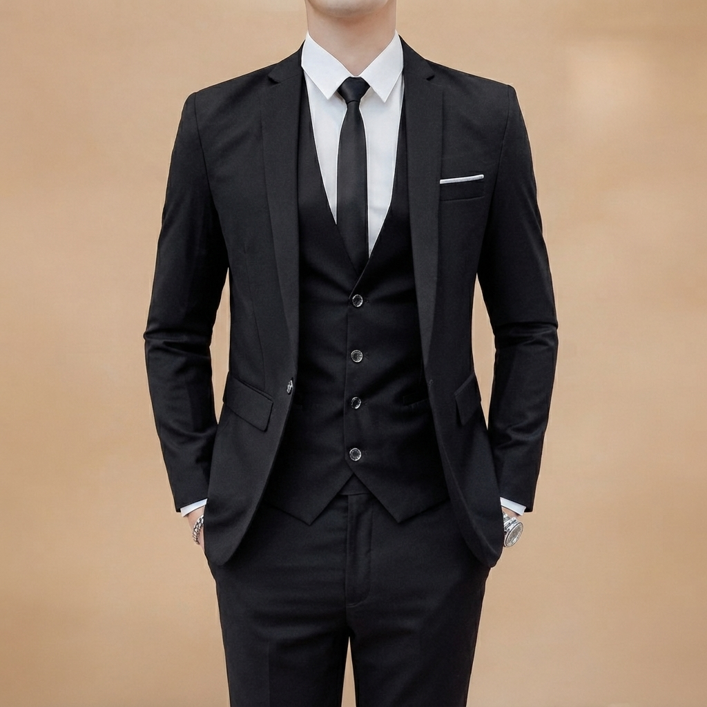 Homem veste fato masculino de 3 peças slim fit, exalando elegância em cerimónia formal.