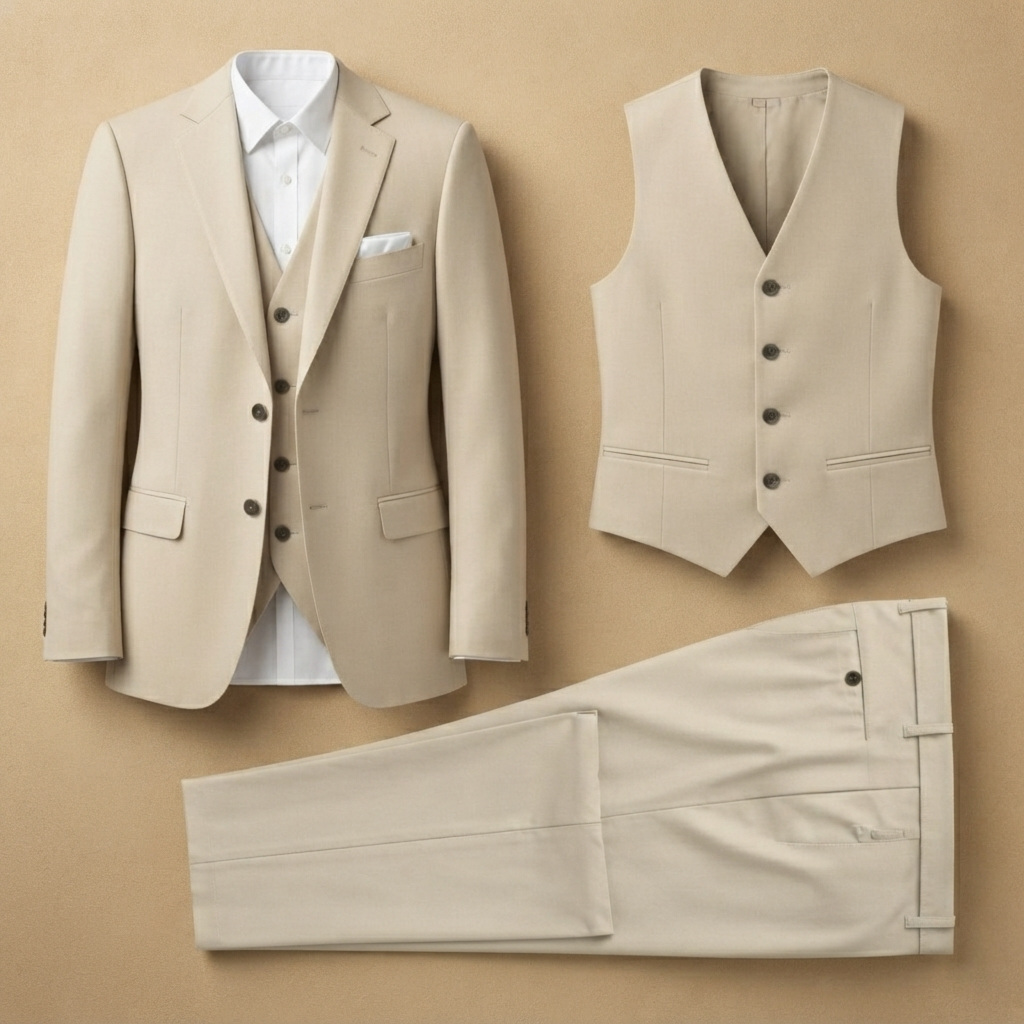 Fato masculino slim fit azul para casamento, com blazer, colete e calças elegantes.