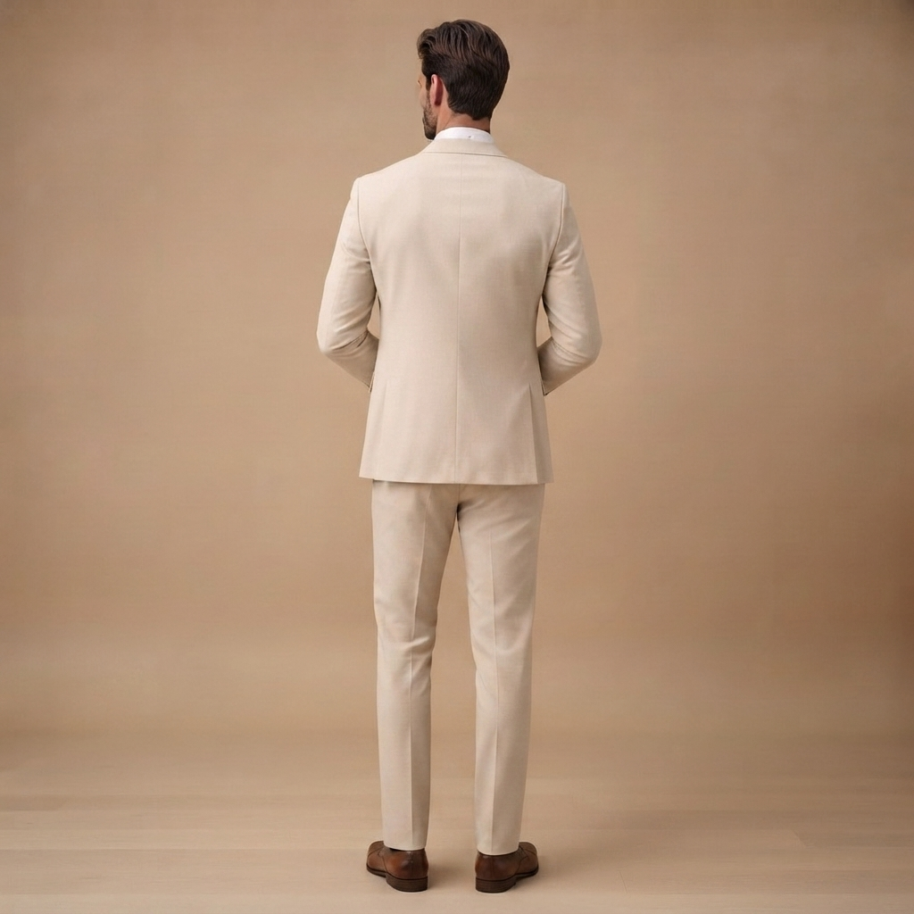 Vestuário formal slim fit azul marinho com blazer, colete e calças para homem moderno.