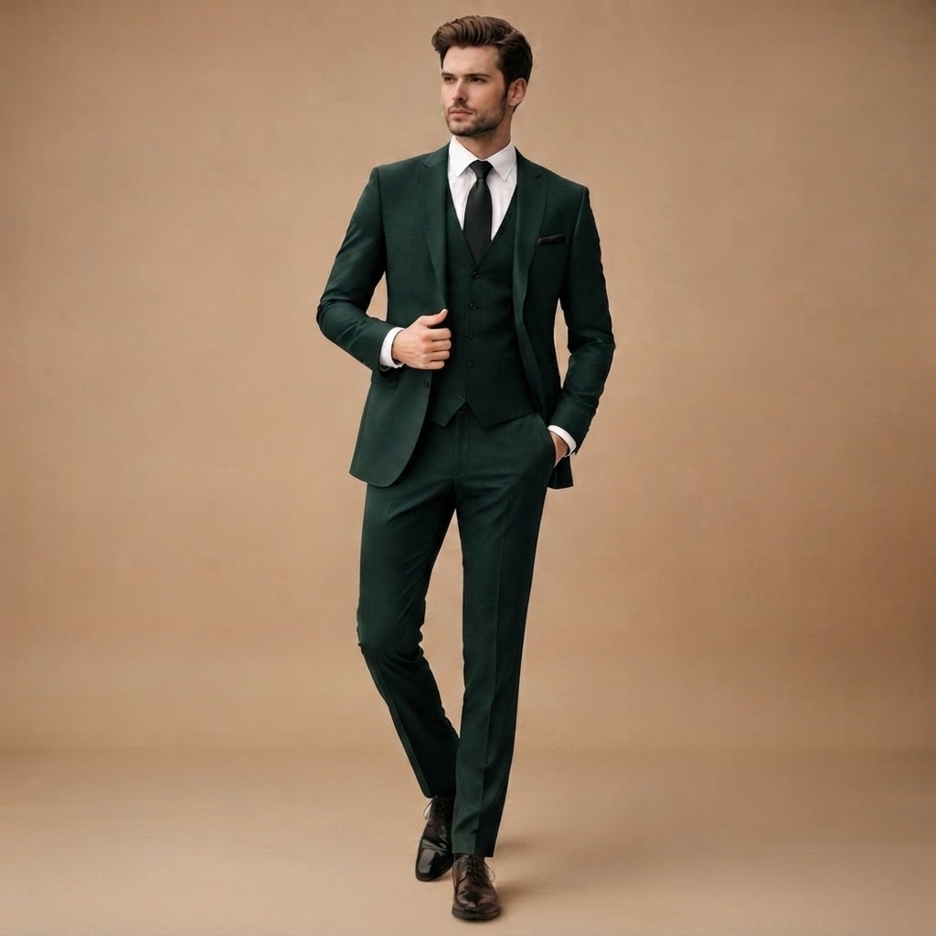 Fato formal azul, corte slim fit, com colete e calças elegantes, moda masculina moderna.