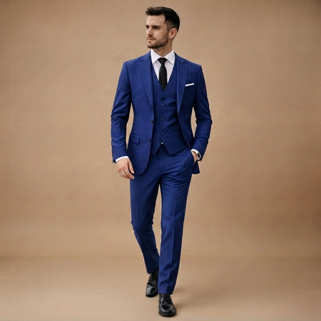 Blazer, colete e calças slim fit pretas para casamento ou evento formal, estilo clássico.
