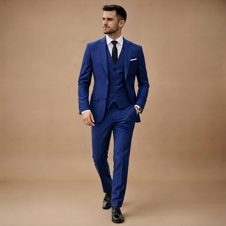 Blazer, colete e calças slim fit pretas para casamento ou evento formal, estilo clássico.