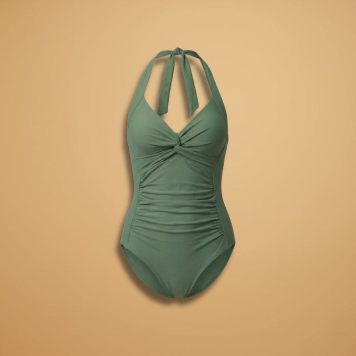 Fato de banho inteiro feminino halter torcido, elegante para praia e piscina.