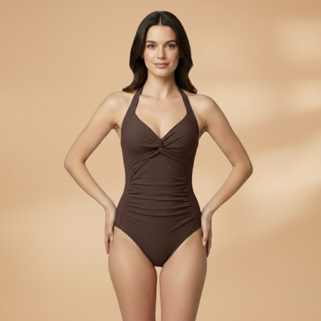 Confortável fato de banho feminino halter torcido, perfeito para o verão na praia.