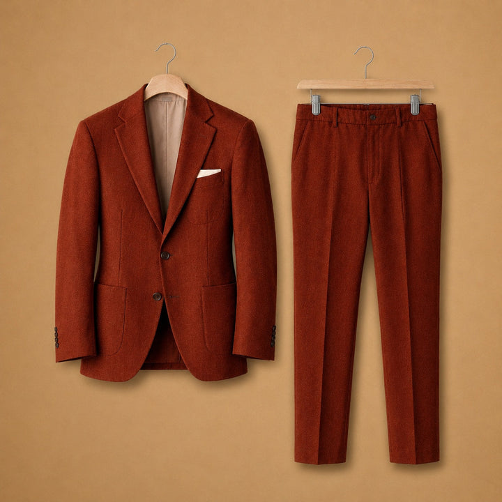 Fato de negócios masculino, com blazer e calças, ideal para reuniões e conferências.