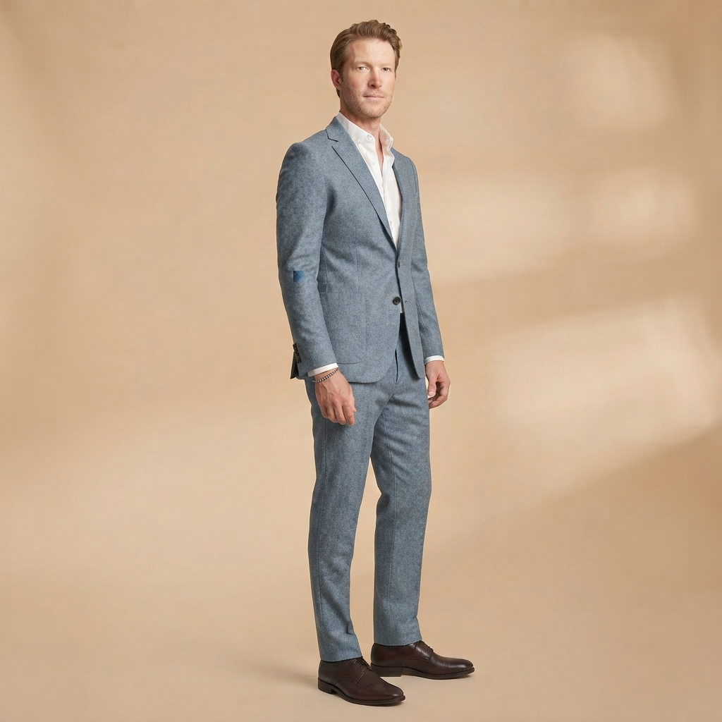 Blazer e calças de fato homem corte ajustado, estilo moderno e sofisticado.