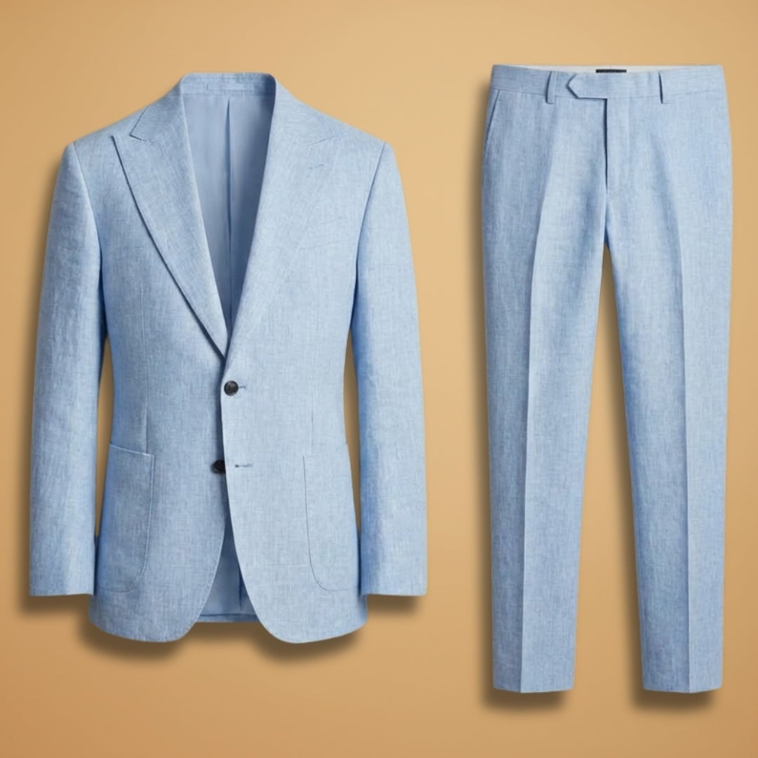 Fato masculino elegante dois peças, blazer de lapela e calças sociais para eventos formais e cerimónias.