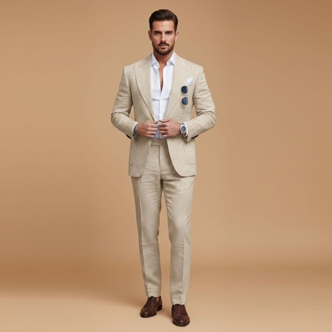 Fato masculino dois peças moderno, blazer de lapela elegante e calças sociais, para o homem com estilo e tendência.