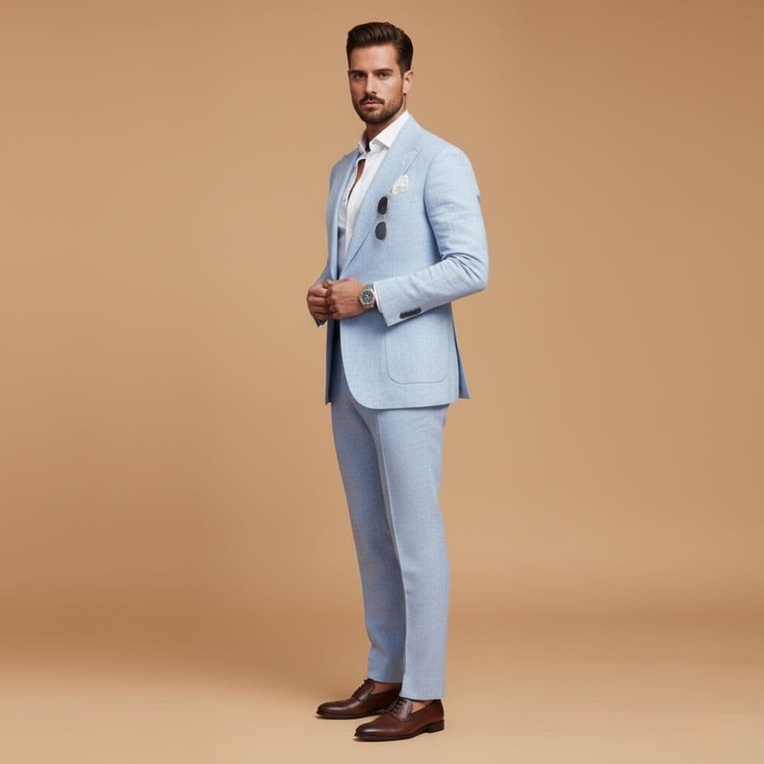 Fato masculino completo dois peças com blazer e calças de corte impecável, ideal para elegância em eventos.