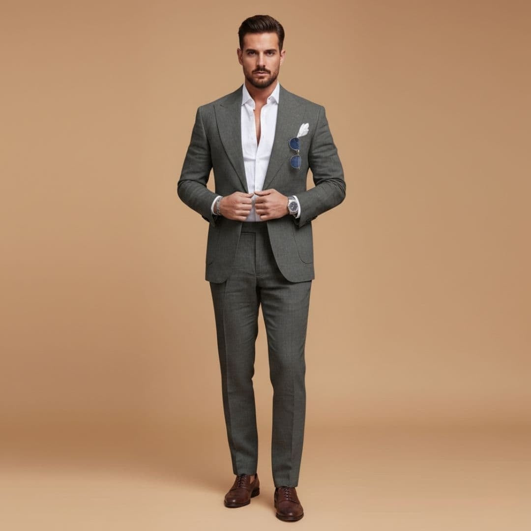Fato masculino elegante para cerimónias, blazer e calças sociais, representando a tendência em moda masculina.