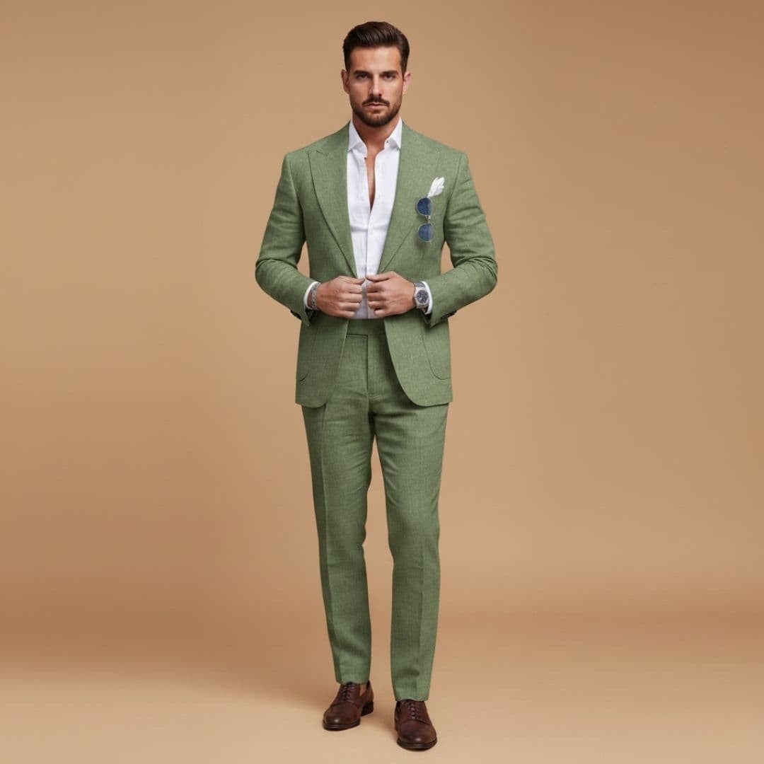 Fato masculino dois peças com foco no corte e caimento perfeito do blazer e calças sociais, estilo negócios.