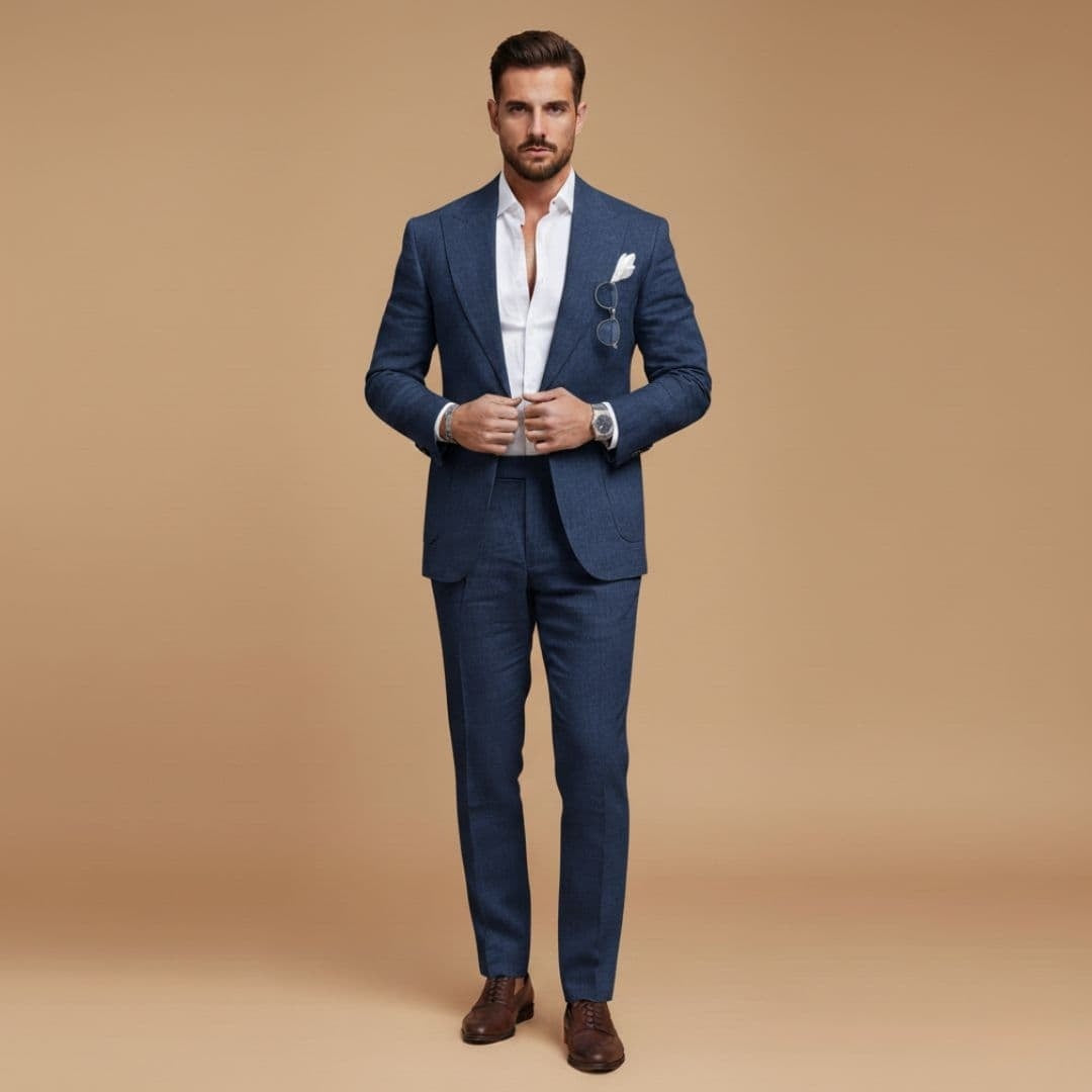 Roupa social masculina, fato dois peças com blazer de lapela e calças, ideal para um look sofisticado e formal.