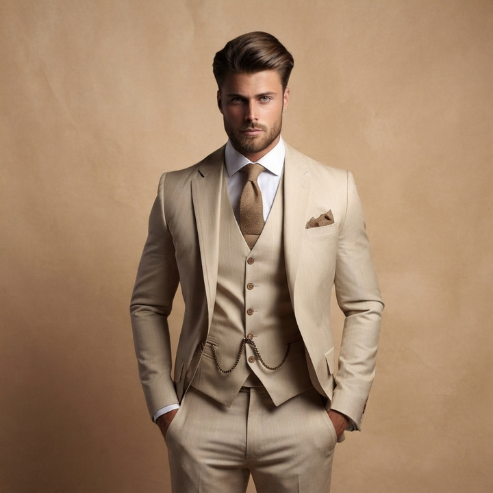 Terno masculino 3 peças elegante. Fato formal para homem com blazer, colete e calças, perfeito para casamentos.