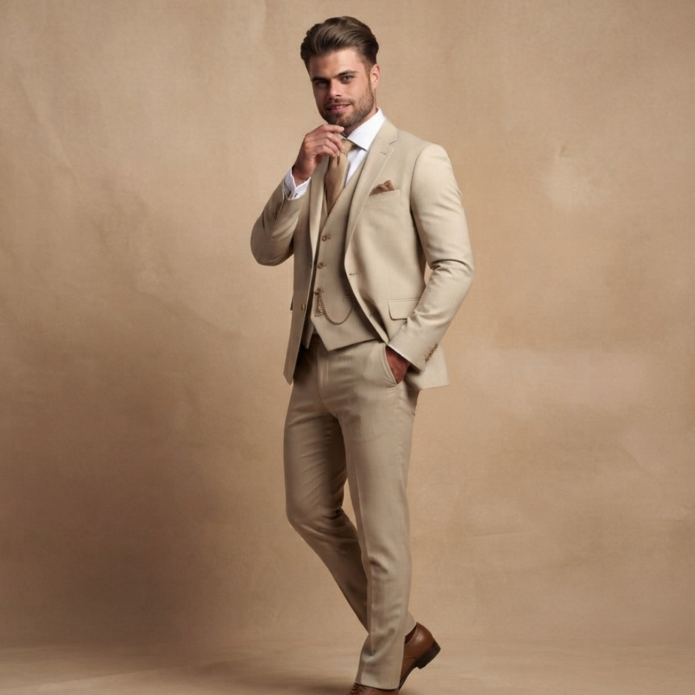 Roupa formal para homem: fato de casamento elegante em 3 peças. Traje masculino para cerimónias e eventos.