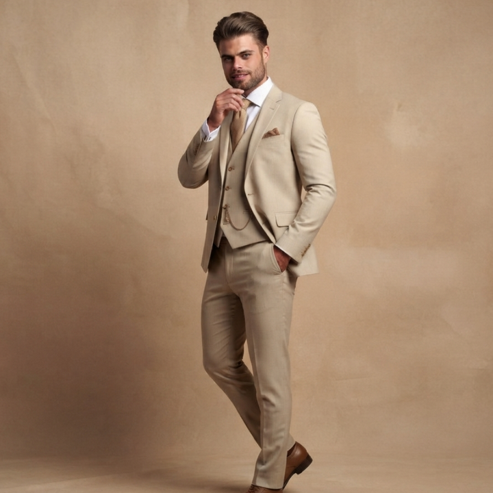Roupa formal para homem: fato de casamento elegante em 3 peças. Traje masculino para cerimónias e eventos.