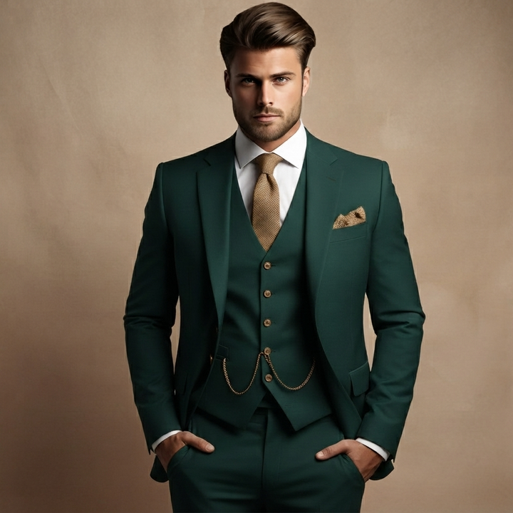 Fato completo masculino 3 peças para casamento. Roupa formal elegante para homem, blazer e colete incluídos.