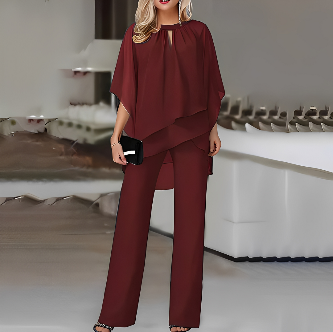 Conjunto feminino elegante com blusa e calça larga. Roupa formal, moda trabalho e estilo chique. Conforto versátil.