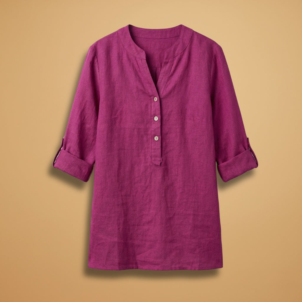 Blusa feminina de linho, decote V, manga rolável. Perfeita para o verão casual e elegante.