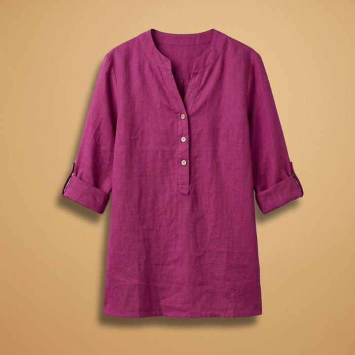 Blusa feminina de linho, decote V, manga rolável. Perfeita para o verão casual e elegante.