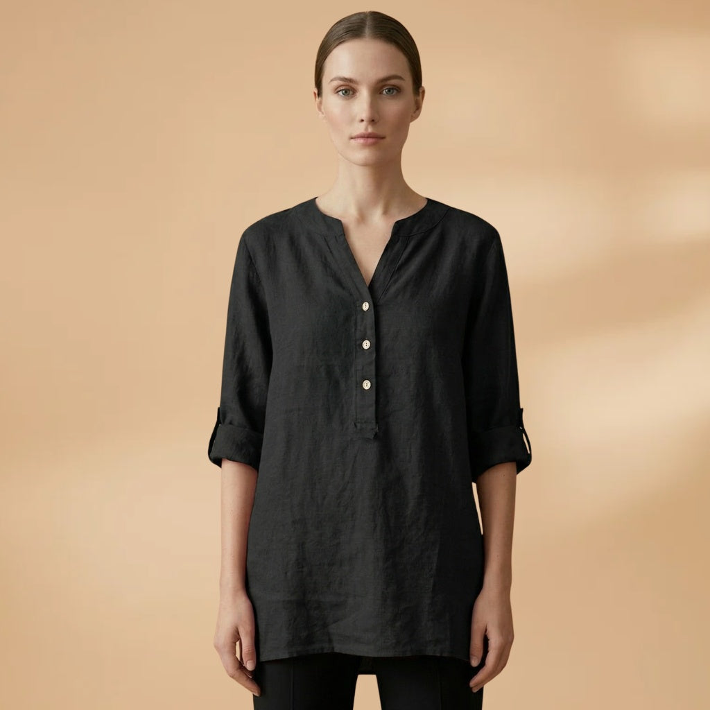 Blusa de linho feminina, decote V, manga rolável. Conforto e elegância em um só estilo.