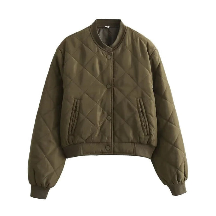 Casaco bomber feminino acolchoado matelassé. Estilo desportivo-elegante, ideal para outono/inverno.