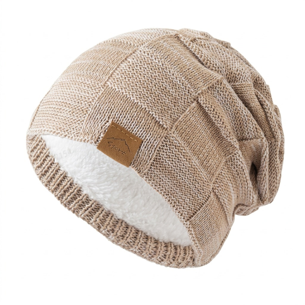 Gorro de malha feminino slouchy com forro polar quente, ideal para inverno e estilo casual.
