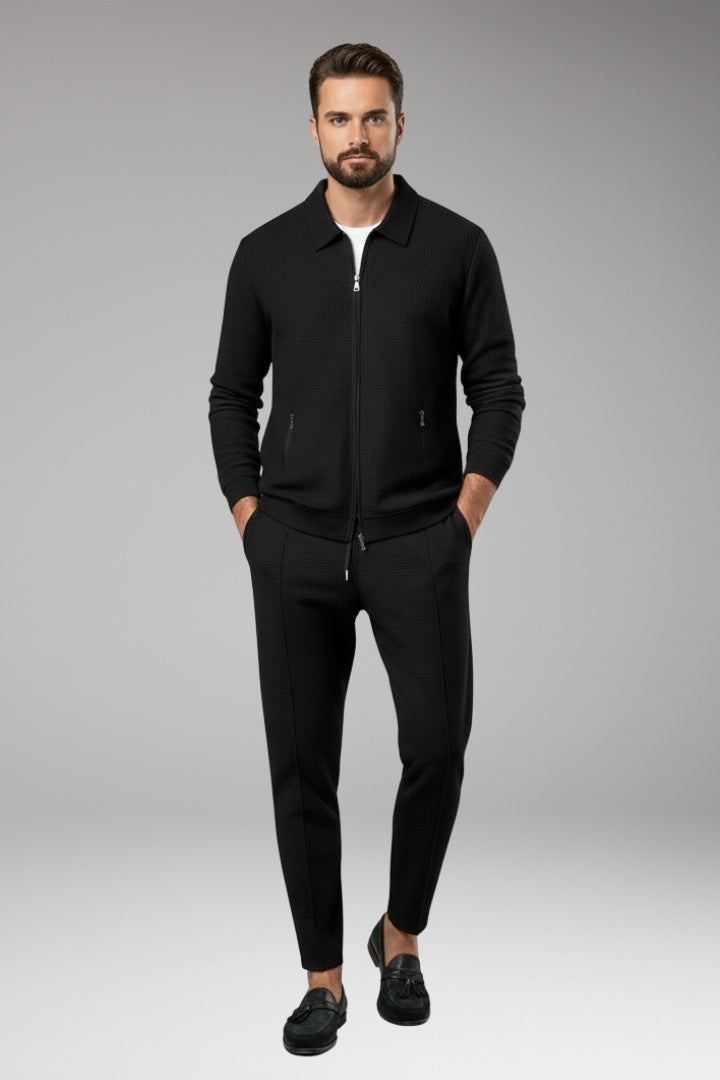 Conjunto masculino waffle com textura macia, casaco e calças. Moda homem, conforto premium.