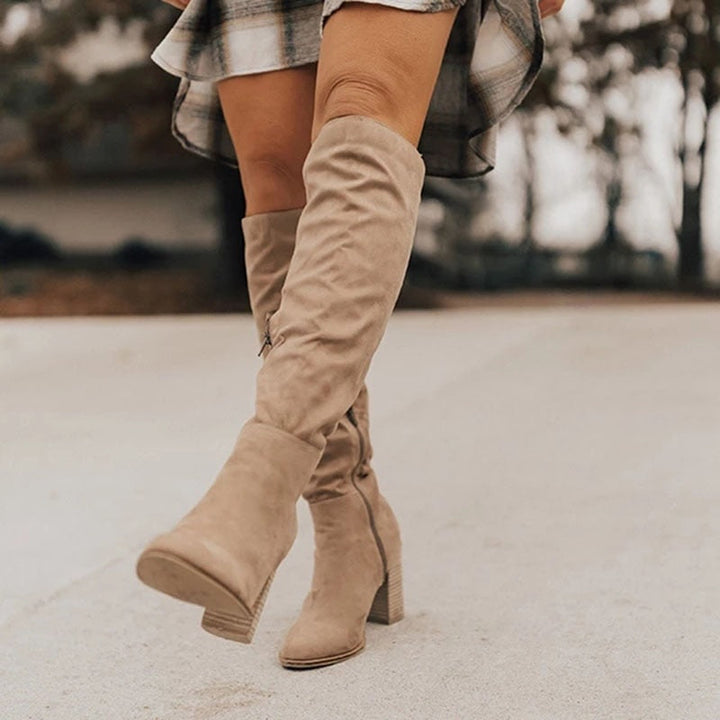 Botas femininas de camurça macia e cano alto, com salto bloco. Sapatos elegantes e confortáveis para o outono.