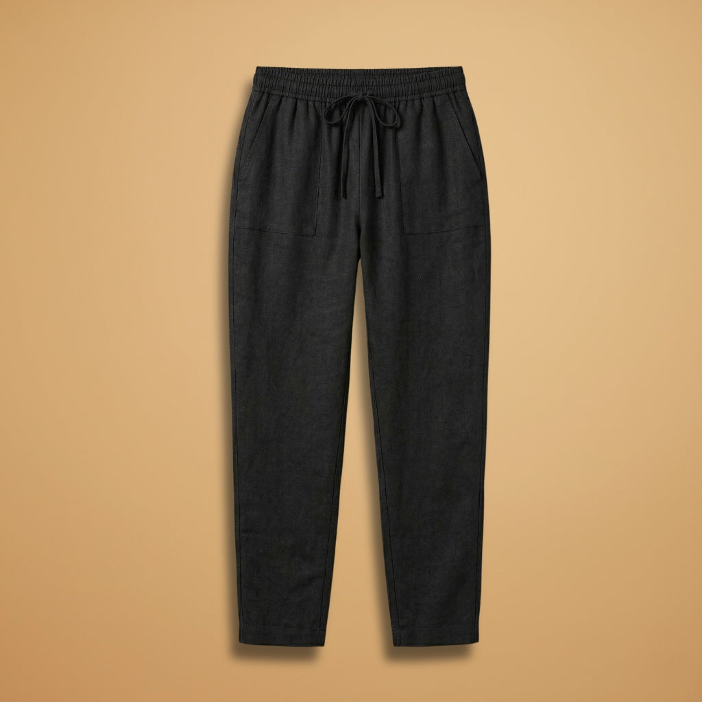 Calças de linho fluidas femininas, cintura elástica, cor bege. Perfeitas para verão e conforto casual.