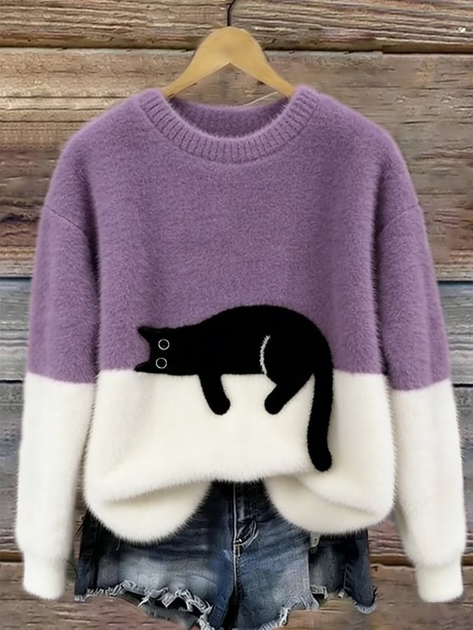 Camisola felpuda de malha para mulher, com divertido estampado de gato, conforto e estilo casual.