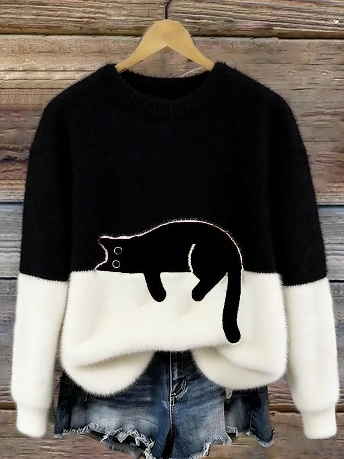 Camisola de malha felpuda macia para mulher, estampado de gato, perfeita para conforto casual no lar.