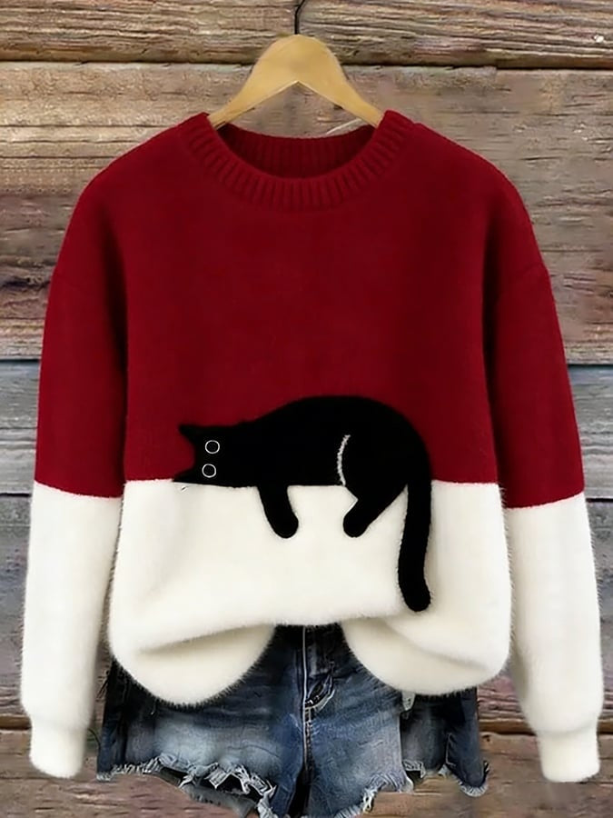 Camisola feminina de malha felpuda com design de gato, estilo casual para outono e inverno.