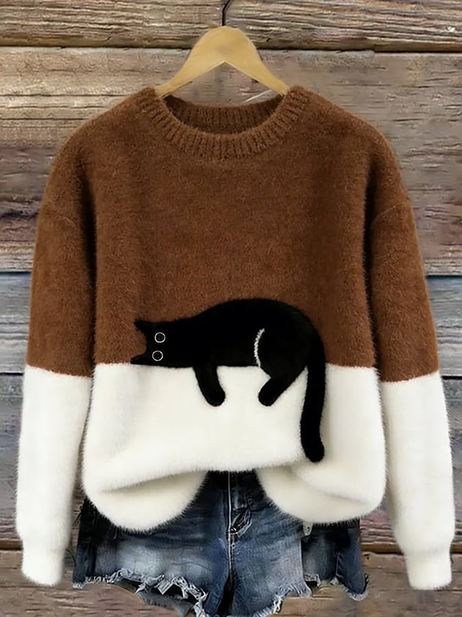 Camisola de malha quente e felpuda para mulher, estampado de gato, essencial para o inverno.