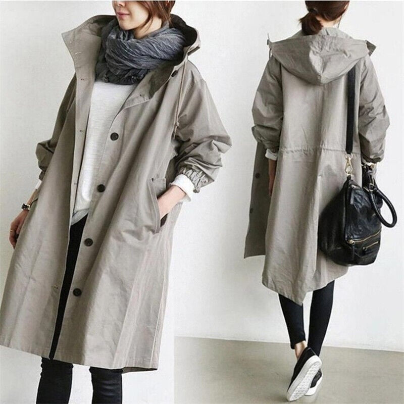 Capa de chuva Filipa feminina, impermeável, com capuz, elegante e versátil para mulher no outono.