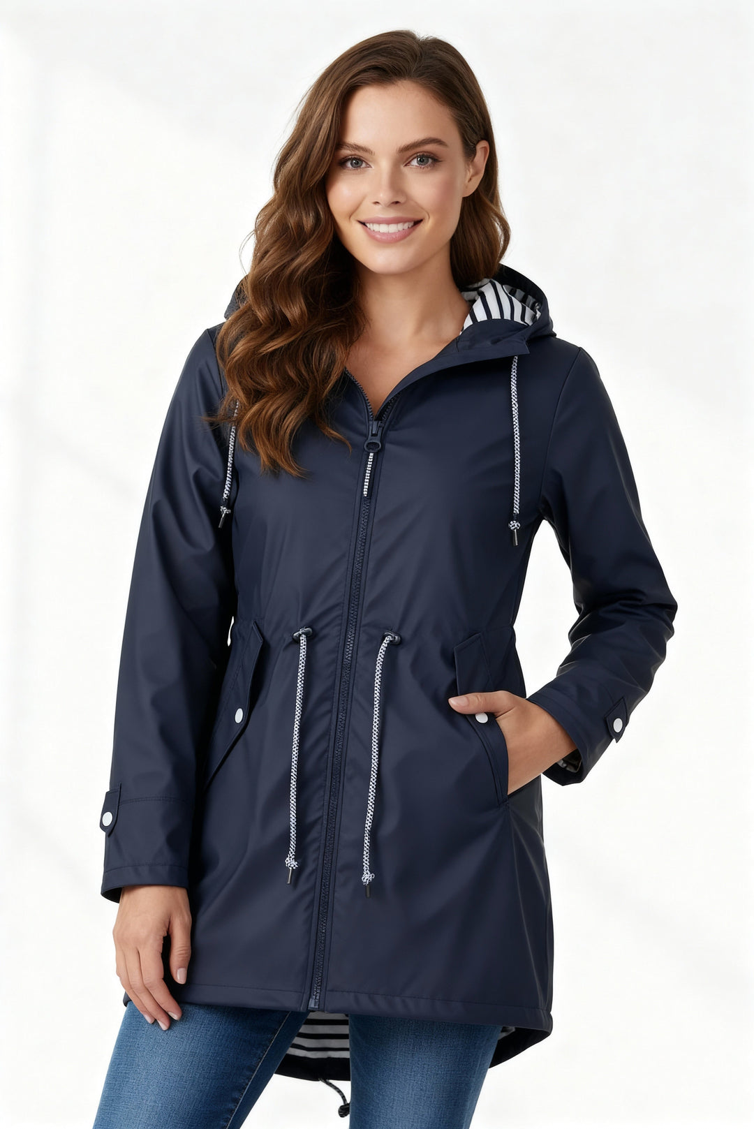 Impermeável feminino corta-vento com capuz e cintura ajustável, ideal para outono e primavera.