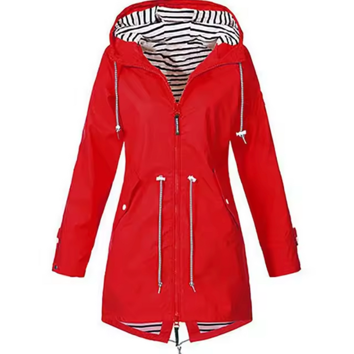 Impermeável feminino casual, com capuz, cintura ajustável e fecho frontal, disponível em várias cores.