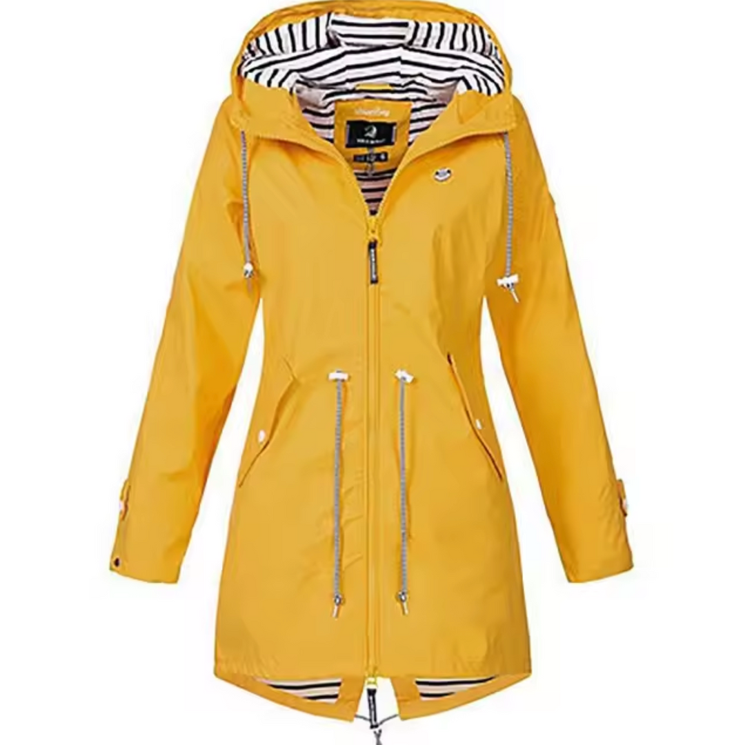 Casaco de chuva para mulher, corta-vento, com capuz e cintura ajustável, para estilo e proteção.
