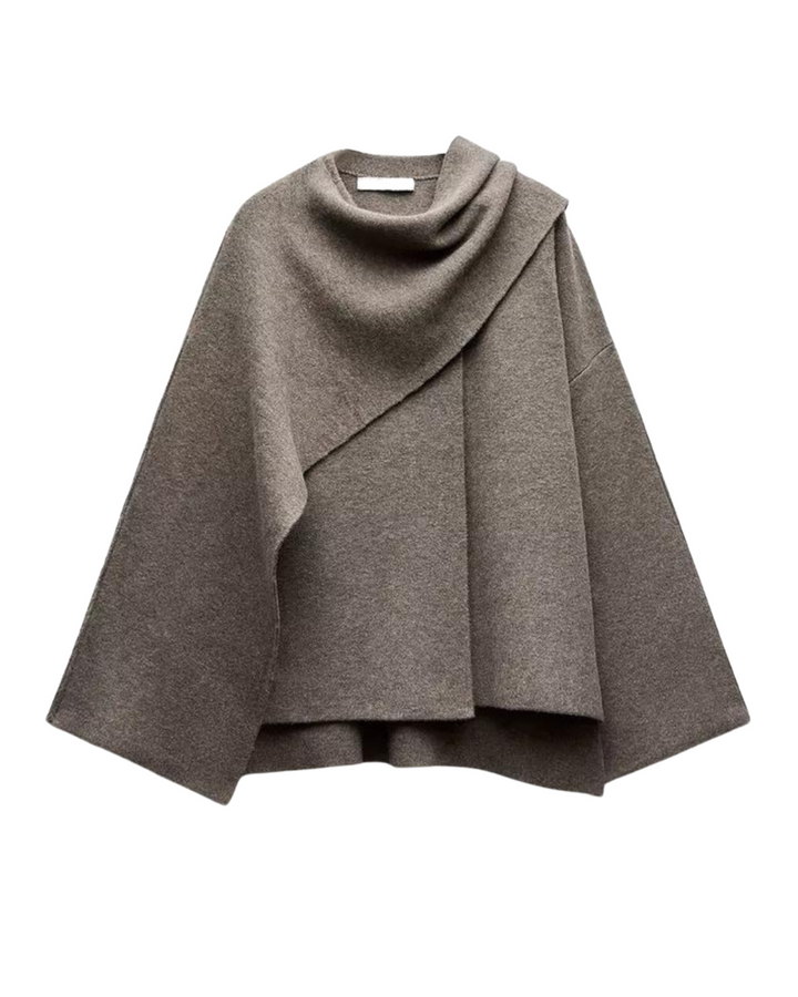 Agasalho de lã assimétrico para mulher, com gola ampla. Poncho confortável e moderno para outono/inverno.