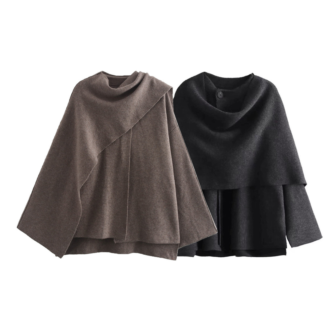 Capa de lã assimétrica para mulher. Poncho elegante com gola ampla, ideal para outono e inverno. Moda feminina.