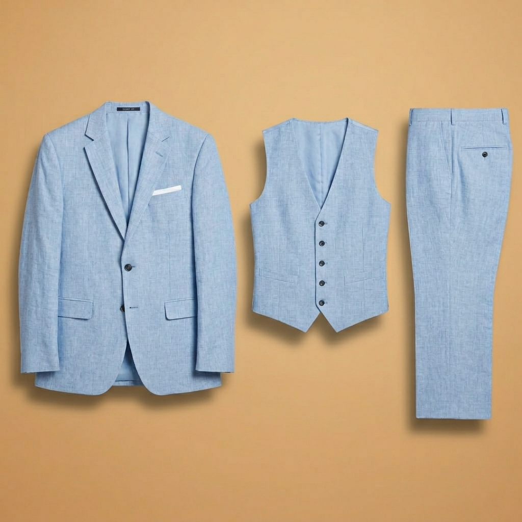 Fato de linho masculino elegante de 3 peças (blazer, colete, calças) para casamento de verão e cerimónias formais.