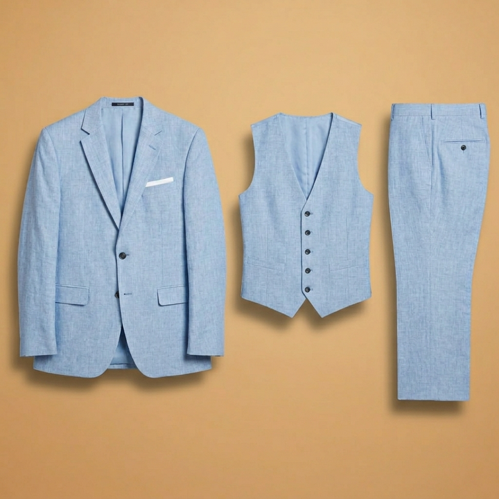 Fato de linho masculino elegante de 3 peças (blazer, colete, calças) para casamento de verão e cerimónias formais.