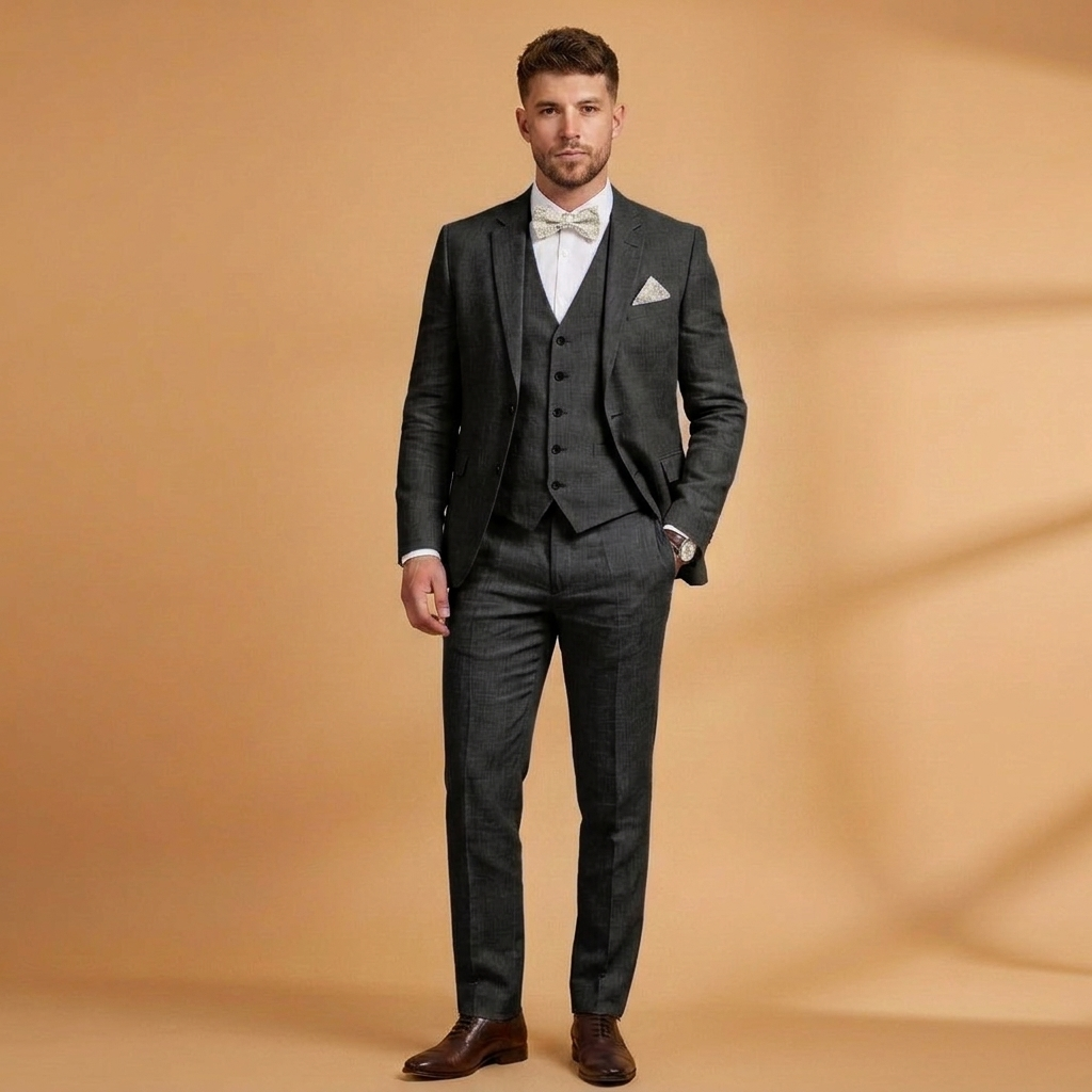 Fato de linho masculino, combinando conforto e elegância, para um look formal impecável em casamentos e festas.