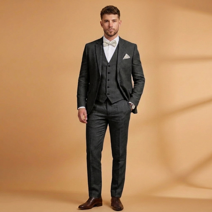 Fato de linho masculino, combinando conforto e elegância, para um look formal impecável em casamentos e festas.