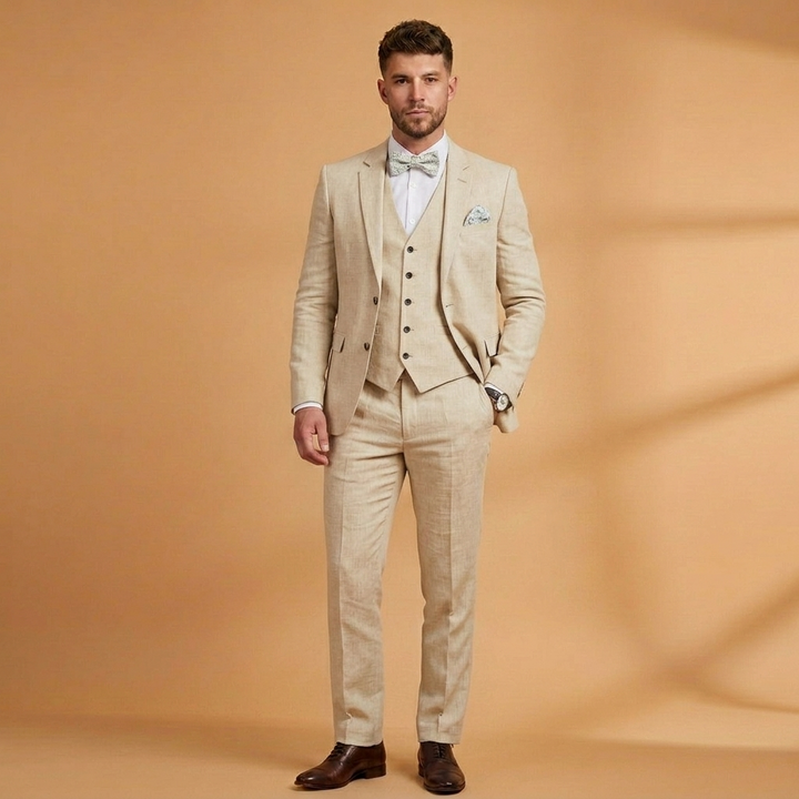 Colete e blazer do fato de linho masculino de 3 peças, detalhe de elegância para cerimónias e ocasiões formais de verão.
