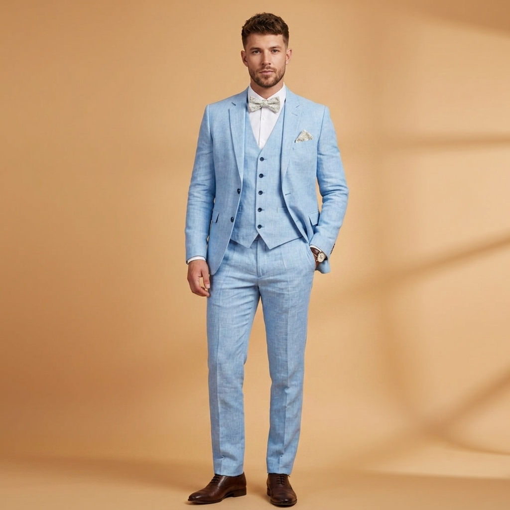 Fato masculino de linho respirável e formal, ideal para verão, elegante para casamentos e ocasiões especiais.