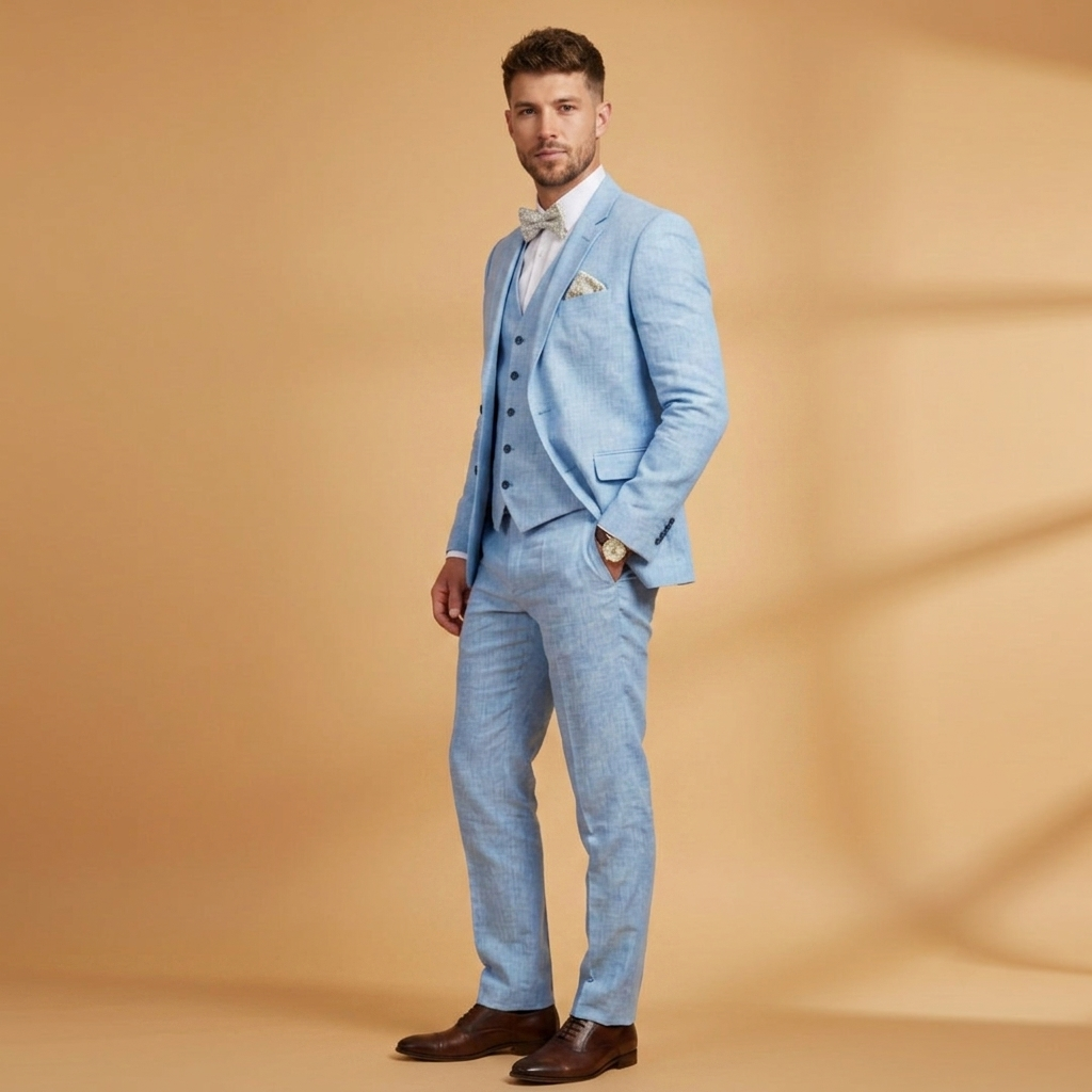 Fato de 3 peças em linho para homem, com blazer, colete e calças, perfeito para cerimónias e eventos formais.