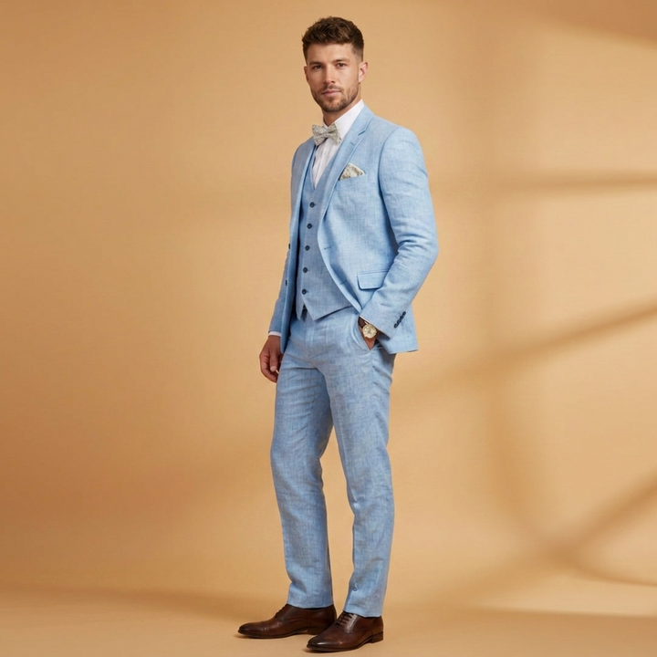Fato de 3 peças em linho para homem, com blazer, colete e calças, perfeito para cerimónias e eventos formais.