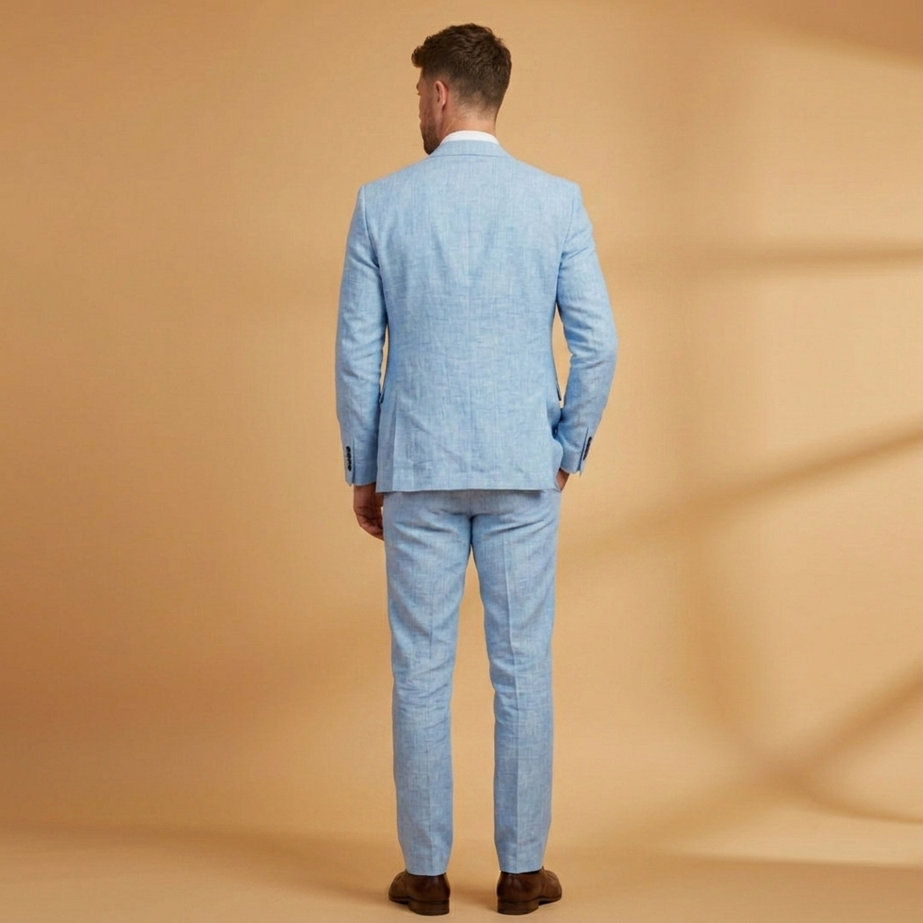 Fato de linho masculino de 3 peças, elegante e moderno, ideal para casamentos, formaturas e eventos formais de verão.