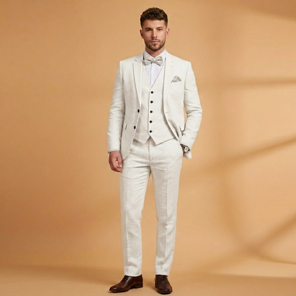 Detalhe do tecido de linho natural do fato masculino, mostrando a textura e qualidade para um look formal de verão.